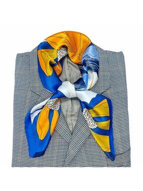 ✨Luxury Silky Scarf Orange Navy Blue Geometric Floral Link Pattern Square Wrap✨